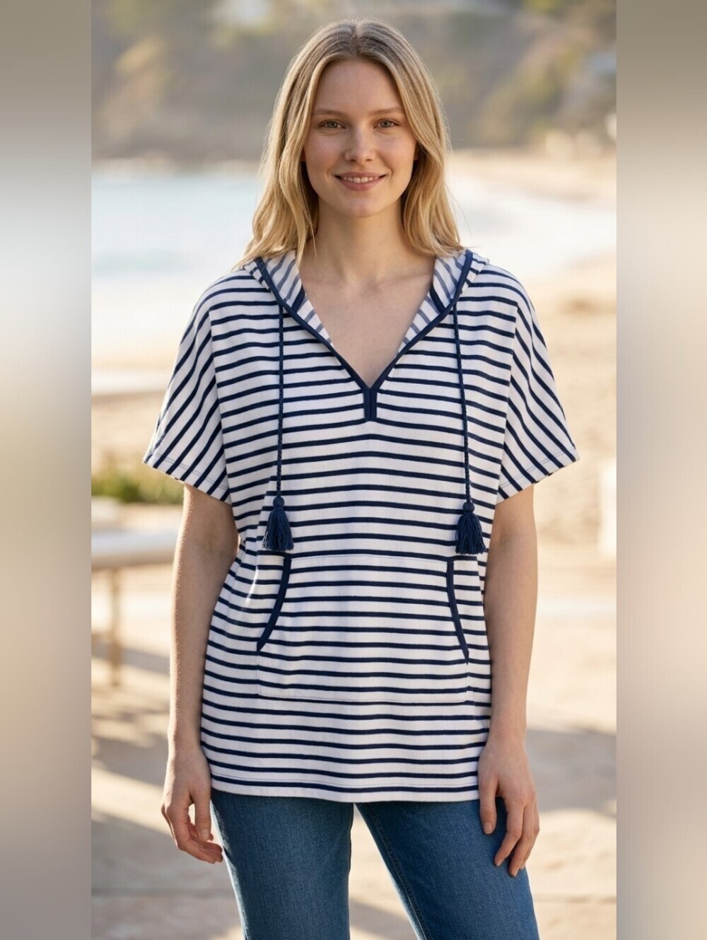 Lands' End White and Navy Striped Hooded Tee with Tassels